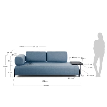 Compo 3 seater sofa with large tray in blue, 252 cm - sizes