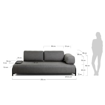 Compo 3 seater sofa with small tray in dark grey, 232 cm - sizes
