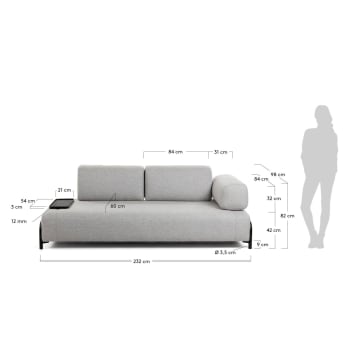 Compo 3 seater sofa with small tray in beige, 232 cm - sizes