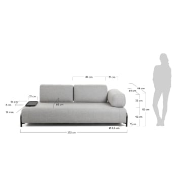 Compo 3 seater sofa with small tray in light grey, 232 cm - sizes