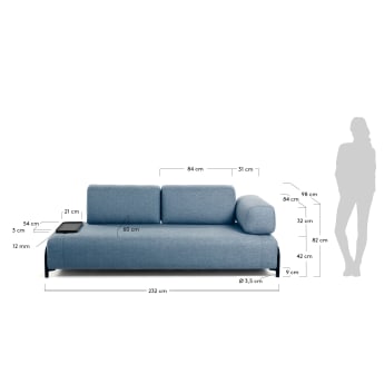 3θ καναπές με μικρό δίσκο Compo 232 εκ, μπλε - μεγέθη