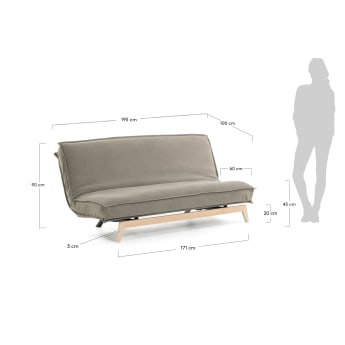 Eveline three-seater sofa bed in beige, wooden frame, 195 cm - sizes