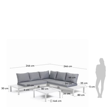 Salon de jardin Duka avec canapé d'angle 5 places et table en aluminium blanc - dimensions