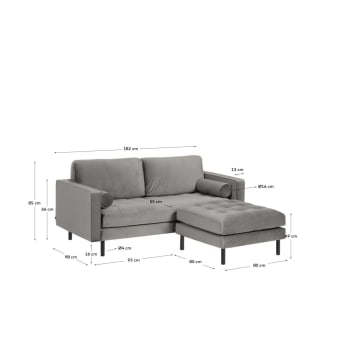 Debra 2 seater sofa with footrest in grey velvet, 182 cm - sizes