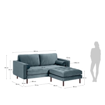 Debra 2 seater sofa with footrest in turquoise velvet, 182 cm - sizes