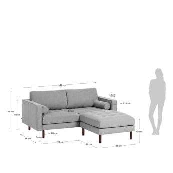 Debra 2 seater sofa with footrest in light grey, 182 cm - sizes