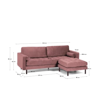 Sofá Debra 3 plazas con reposapiés terciopelo rosa 222 cm - tamaños
