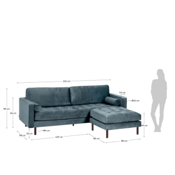 Debra 3 seater sofa with footrest in turquoise velvet, 222 cm - sizes