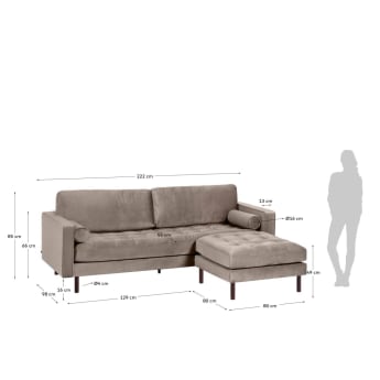 Debra 3 seater sofa with footrest in taupe velvet, 222 cm - sizes