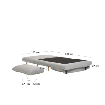 Khina 2 seater sofa bed in light grey, 105 cm - sizes