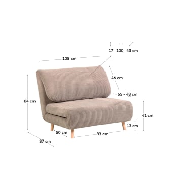 Keren 2 seater sofa bed in grey corduroy, 106 cm - sizes
