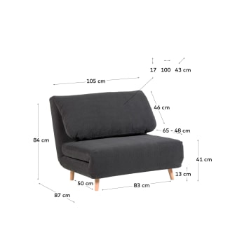 Keren 2 seater sofa bed in dark grey corduroy effect, 106 cm - sizes