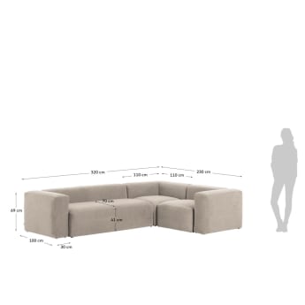 Blok 4 seater corner sofa in beige, 320 x 230 cm - sizes