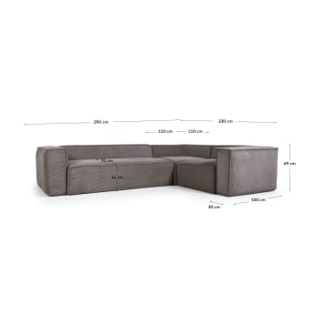 Blok 4 seater corner sofa in grey corduroy, 320 x 230 cm - sizes