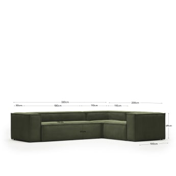 Blok 4 seater corner sofa in green corduroy, 320 x 230 cm / 230 x 320 cm - sizes