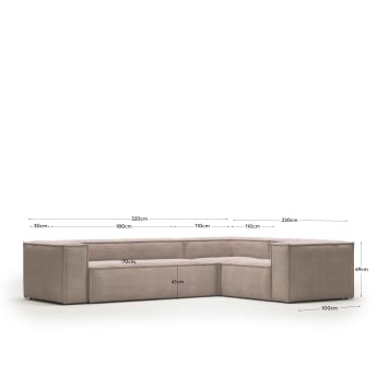 Blok 4 seater corner sofa in pink wide-seam corduroy, 320 x 230 cm - sizes