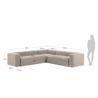 Blok 6 seater corner sofa in beige, 320 x 320 cm - sizes