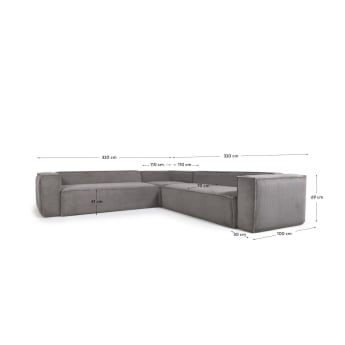 Blok 6 seater corner sofa in grey wide-seam corduroy,  320 x 320 cm - sizes