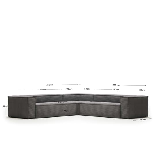 Γωνιακός καναπές Blok 6θ, χοντρό κοτλέ, γκρι 320x320εκ - μεγέθη
