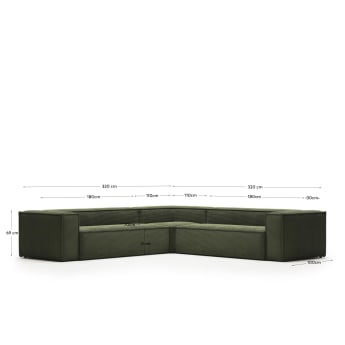 6θ γωνιακός καναπές Blok, χοντρό πράσινο κοτλέ, 320 x 320 εκ - μεγέθη