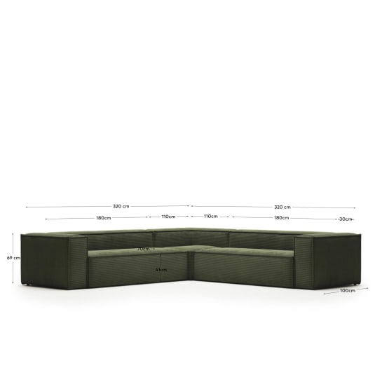 Sofà raconer Blok 6 places pana gruixuda verd 320 x 320 cm - mides