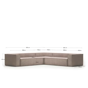 Γωνιακός καναπές Blok 6θ, χοντρό κοτλέ, ροζ, 320x320εκ - μεγέθη