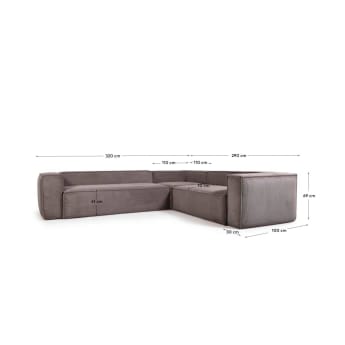 Blok 5 seater corner sofa in grey corduroy, 320 x 290 cm - sizes