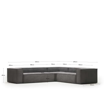 Blok 5 seater corner sofa in grey wide-seam corduroy, 320 x 290 cm - sizes