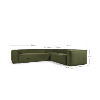 5θ γωνιακός καναπές Blok, χοντρό πράσινο κοτλέ, 320 x 290 εκ - μεγέθη
