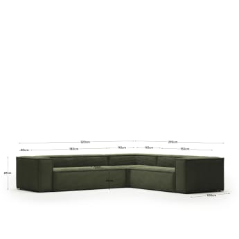 Blok 5 seater corner sofa in green wide seam corduroy, 320 x 290 / 290 x 320 cm - sizes