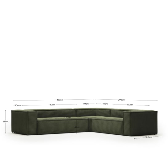 Sofá rinconero Blok 5 plazas pana gruesa verde 320 x 290 / 290 x 320 cm - tamaños
