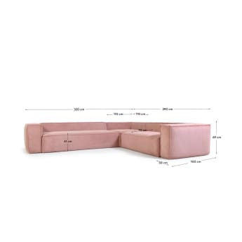 Sofá de canto Blok 5 lugares bombazine rosa 320 x 290 cm - tamanhos