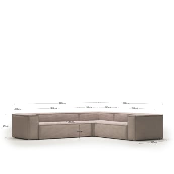 Blok 5 seater corner sofa in pink wide seam corduroy, 320 x 290 / 290 x 320 cm - sizes