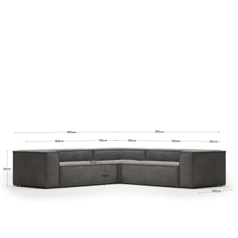 Canapé d’angle Blok 4 places velours à grosses côtes gris 290 x 290 cm - dimensions