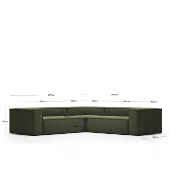 4θ γωνιακός καναπές Blok, χοντρό πράσινο κοτλέ, 290 x 290 εκ - μεγέθη