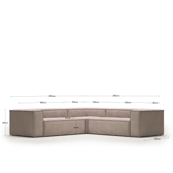Blok 4 seater corner sofa in pink corduroy, 290 x 290 cm - sizes