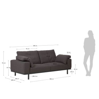 Canapé Noa 3 places avec coussins gris et pieds finition foncée 230 cm - dimensions