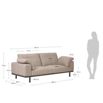 Canapé Noa 3 places avec coussins beige et pieds finition foncée 230 cm - dimensions