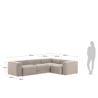 Blok 3 seater corner sofa in beige, 290 x 230 cm - sizes