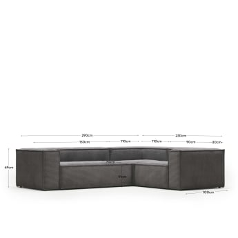 Canapé d’angle Blok 3 places en velours à grosses côtes gris 290 x 230 cm - dimensions
