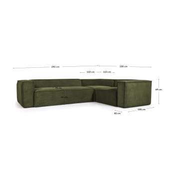 Blok 3 seater corner sofa in green wide-seam corduroy, 290 x 230 cm - sizes