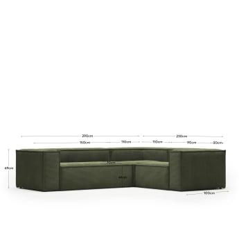 Blok 3 seater corner sofa in green wide-seam corduroy, 290 x 230 cm - sizes