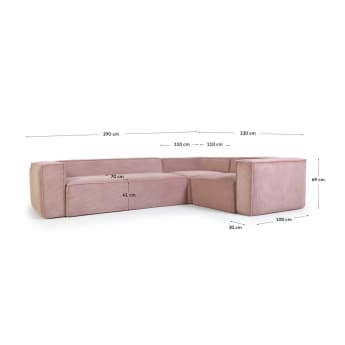 Blok 3 seater corner sofa in pink wide-seam corduroy, 290 x 230 cm - sizes