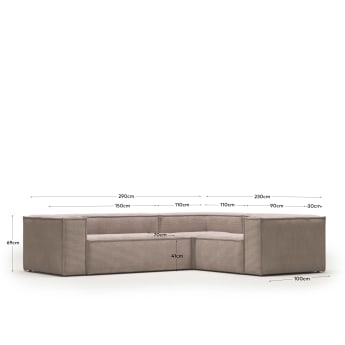 Canapé d’angle Blok 3 places en velours à grosses côtes rose 290 x 230 cm - dimensions