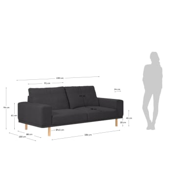 Noa 3 seater sofa in grey with natural finish legs, 230 cm - sizes
