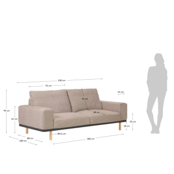 Canapé Noa 3 places beige avec pieds finition naturelle 230 cm - dimensions