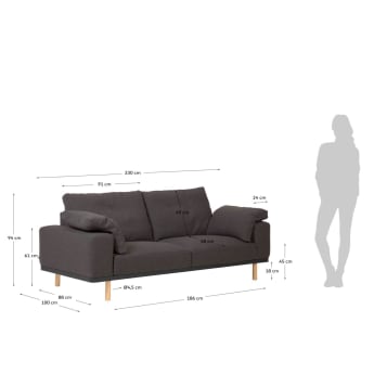 Noa 3 seater sofa with cushions in grey with natural finish legs, 230 cm - sizes