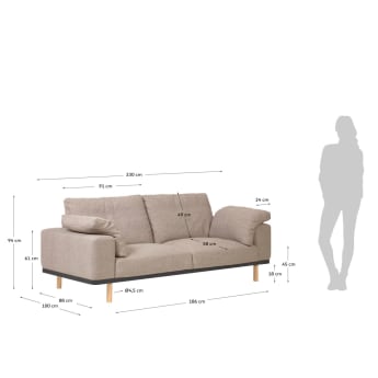Noa 3 seater sofa with cushions in beige with natural finish legs, 230 cm - sizes