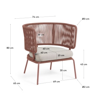 Nadin armchair in terracotta cord galvanised steel legs - sizes