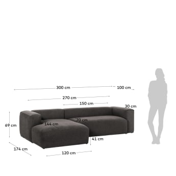 3θ καναπές με ανάκλινδρο αριστερά Blok, 300 εκ, γκρι - μεγέθη